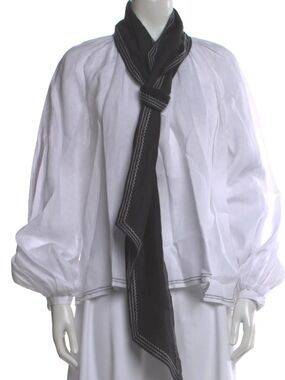Women’s White Balloon-Sleeve Blouse with Black Scarf